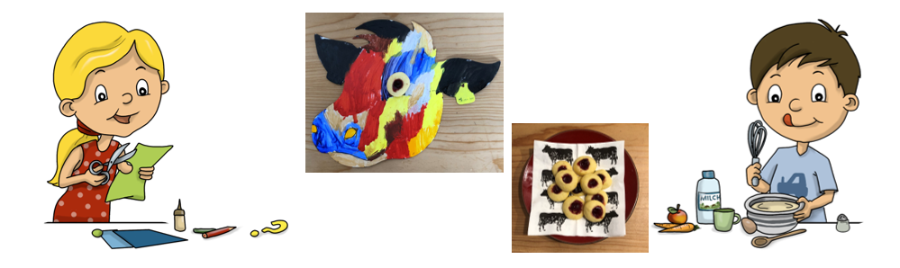 A gauche, Lea bricole, à droite, Ben fait de la pâtisserie. Entre les deux, on voit des yeux de boeuf terminés sur une assiette et un biscuit en guise d'œil d'une tête de veau peinte.