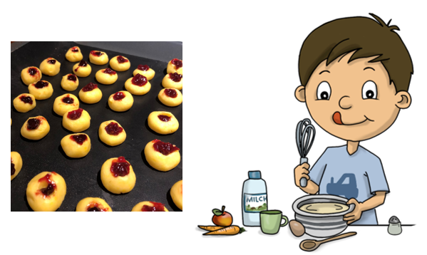 Plaque de cuisson avec biscuits aux yeux de boeuf, à côté de Ben avec des ingrédients de cuisson, qui se lèche les lèvres.