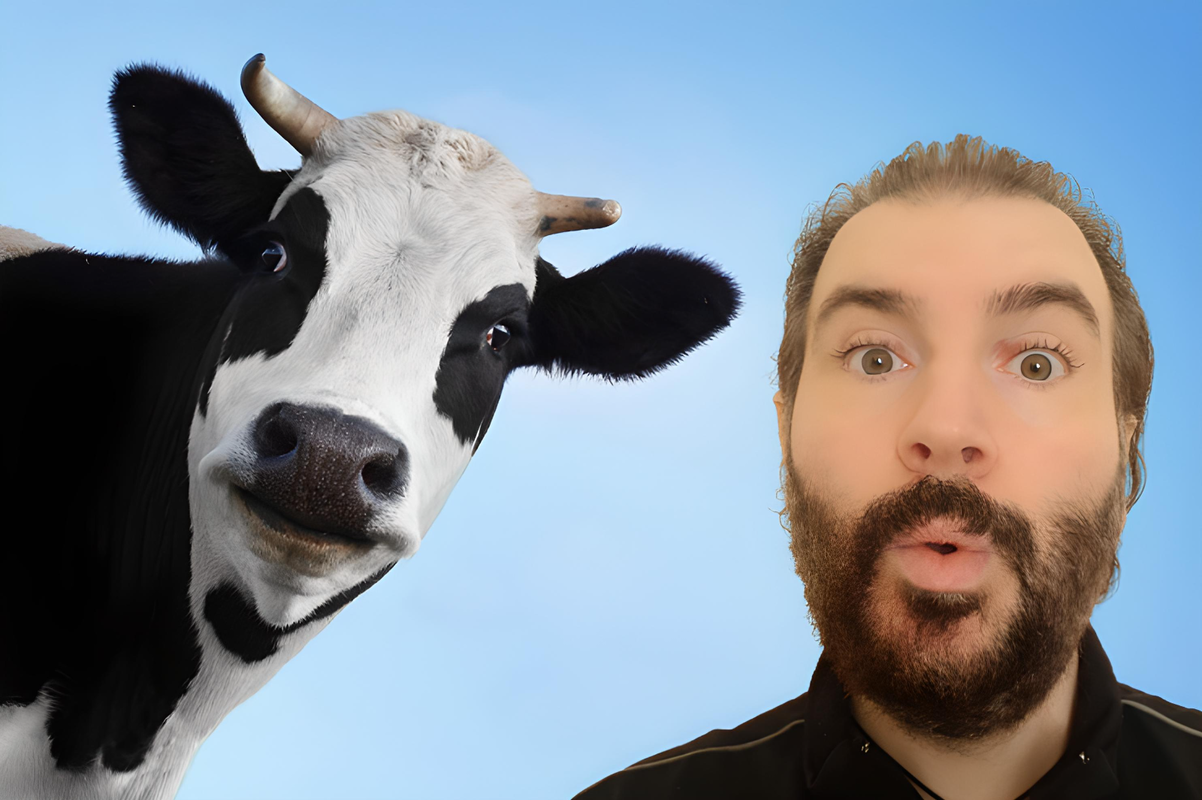 Portrait de Dario Sgrò à côté de Tête de vache.