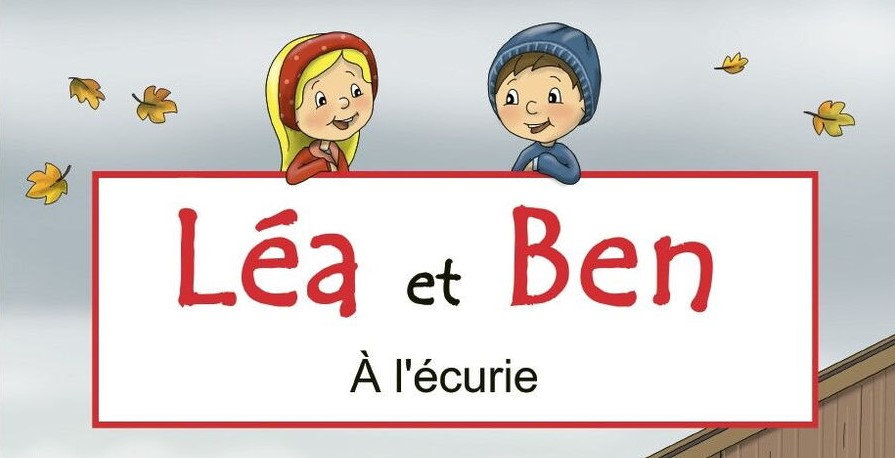 Partie supérieure de la photo de couverture du troisième livret « Lea et Ben - chez Bonnie à l'écurie ». On y voit Lea et Ben avec des bonnets sur un fond automnal.